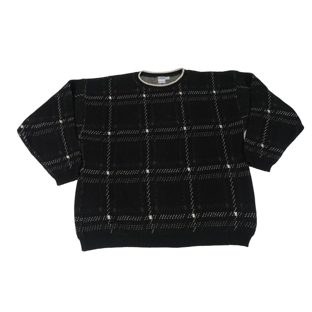 Tony Lambert Y2K Grid Plaid Windowpane Knit Cotton Sweater Made USA Men's Large